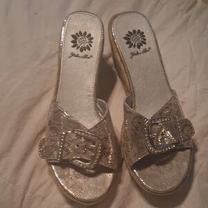 Yellow Box Gold Buckle Wedges